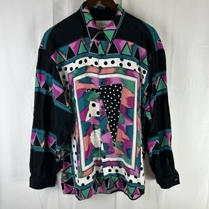 Vintage 80s 90s SMASH Long Sleeve Button Up Men's Large Abstract Colorful Thin